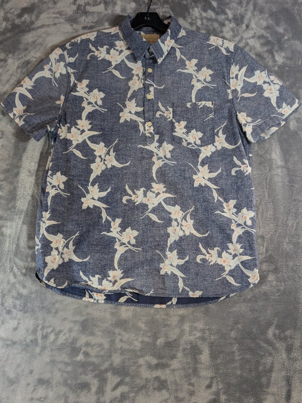 Lucky Brand Mens Large Floral Popover Shirt Blue Aloha Hawaiian Short Sleeve L